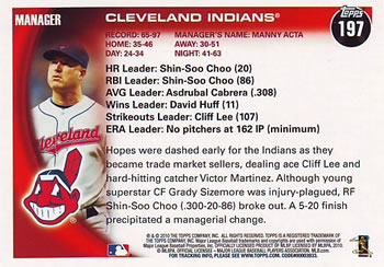 2010 Topps #197 Cleveland Indians Back