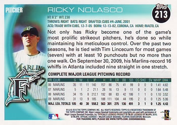 2010 Topps #213 Ricky Nolasco Back