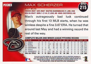 2010 Topps #215 Max Scherzer Back