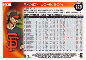 2010 Topps #220 Randy Johnson Back