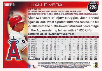 2010 Topps #226 Juan Rivera Back