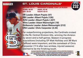 2010 Topps #232 St. Louis Cardinals Back