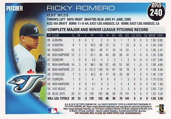 2010 Topps #240 Ricky Romero Back