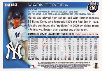 2010 Topps #250 Mark Teixeira Back
