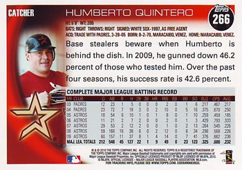 2010 Topps #266 Humberto Quintero Back