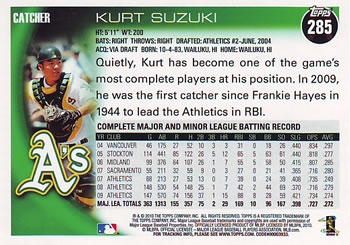 2010 Topps #285 Kurt Suzuki Back