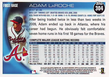 2010 Topps #304 Adam LaRoche Back