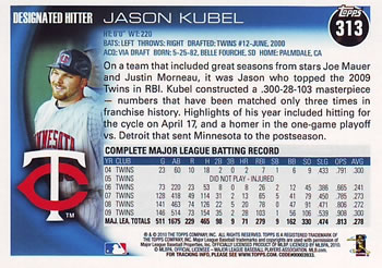 2010 Topps #313 Jason Kubel Back