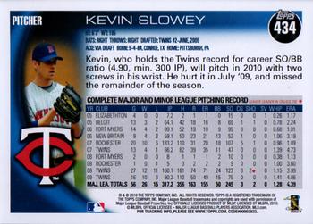 2010 Topps #434 Kevin Slowey Back