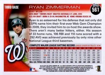 2010 Topps #561 Ryan Zimmerman Back