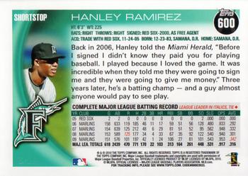 2010 Topps #600 Hanley Ramirez Back