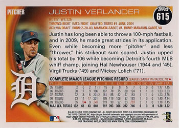 2010 Topps #615 Justin Verlander Back