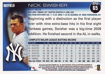 2010 Topps #65 Nick Swisher Back