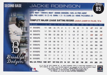2010 Topps #85 Jackie Robinson Back
