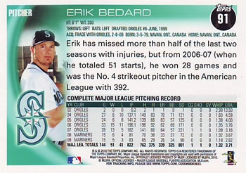 2010 Topps #91 Erik Bedard Back