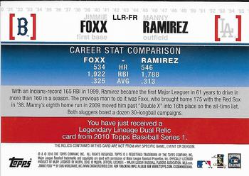 2010 Topps - Legendary Lineage Relics #LLR-FR Jimmie Foxx / Manny Ramirez Back