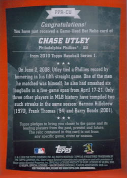2010 Topps - Peak Performance Relics #PPR-CU Chase Utley Back