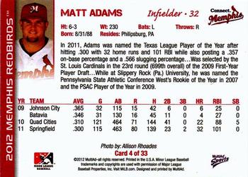 2012 MultiAd Memphis Redbirds #4 Matt Adams Back