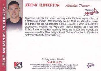 2012 MultiAd Memphis Redbirds #31 Jeremy Clipperton Back