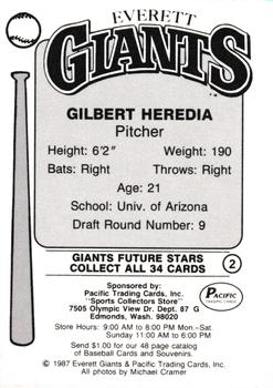1987 Pacific Everett Giants #2 Gilbert Heredia Back