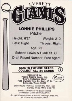 1987 Pacific Everett Giants #5 Lonnie Phillips Back