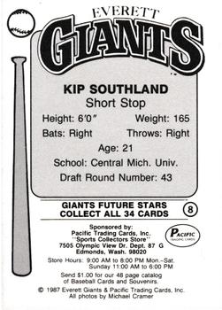 1987 Pacific Everett Giants #8 Kip Southland Back