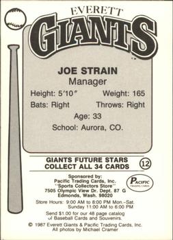1987 Pacific Everett Giants #12 Joe Strain Back