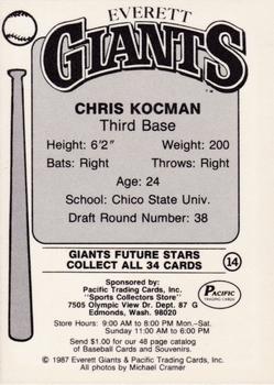 1987 Pacific Everett Giants #14 Chris Kocman Back