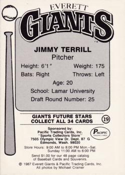 1987 Pacific Everett Giants #19 Jimmy Terrill Back