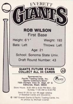 1987 Pacific Everett Giants #22 Rob Willson Back