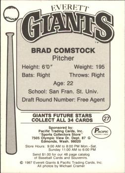 1987 Pacific Everett Giants #27 Brad Comstock Back