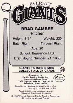 1987 Pacific Everett Giants #29 Brad Gambee Back