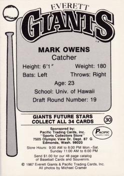 1987 Pacific Everett Giants #30 Mark Owens Back