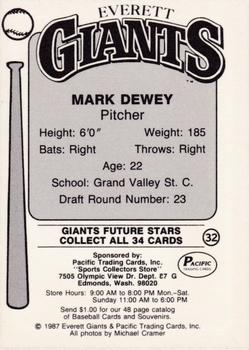 1987 Pacific Everett Giants #32 Mark Dewey Back