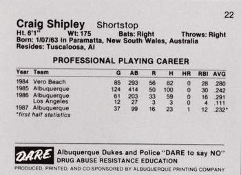 1987 Albuquerque Dukes Police #22 Craig Shipley Back