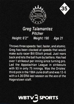 1987 WBTV Charlotte O's #35 Greg Talamantez Back