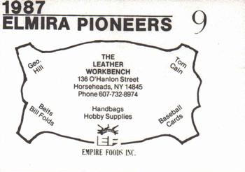 1987 Cain Elmira Pioneers Black #9 Brian Warfel Back