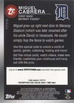2010 Topps - Ticket to Topps Town #TTT15 Miguel Cabrera Back