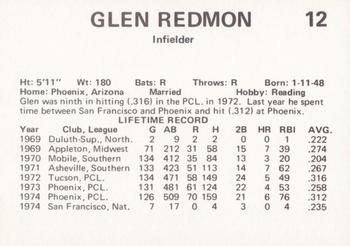 1975 Circle K Phoenix Giants #13 Glenn Redmon Back