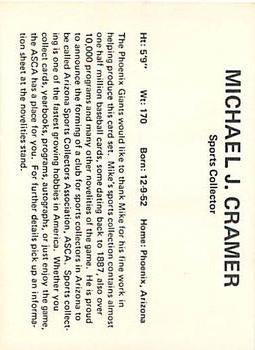 1975 Circle K Phoenix Giants #26 Michael J. Cramer Back
