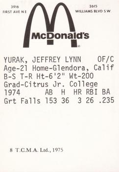 1975 TCMA Cedar Rapids Giants #8 Jeff Yurak Back