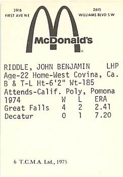 1975 TCMA Cedar Rapids Giants #6 John Riddle Back