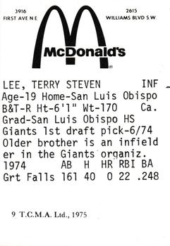 1975 TCMA Cedar Rapids Giants #9 Terry Lee Back