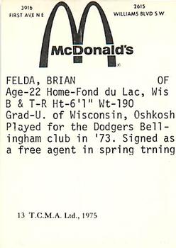 1975 TCMA Cedar Rapids Giants #13 Brian Felda Back