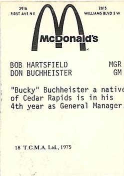 1975 TCMA Cedar Rapids Giants #18 Bob Hartsfield /  Don Buchheister Back