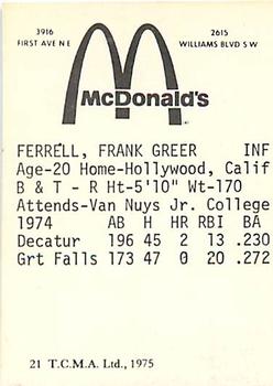 1975 TCMA Cedar Rapids Giants #21 Frank Ferrell Back
