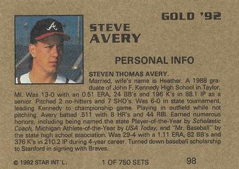 1992 Star Gold #98 Steve Avery Back