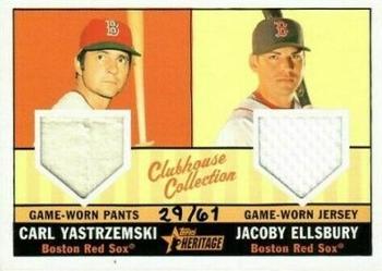 2010 Topps Heritage - Clubhouse Collection Dual Relics #YE Carl Yastrzemski / Jacoby Ellsbury Front
