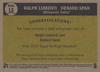 2010 Topps Heritage - Real One Dual Autographs #RODA-LS Ralph Lumenti / Denard Span Back