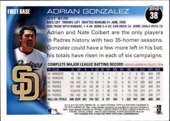 2010 Topps Opening Day #38 Adrian Gonzalez Back